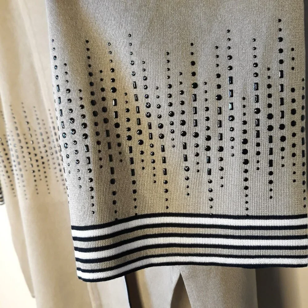 Ming Wang Tan Striped Embellished V-Neck 3/4 Sleeves Cardigan M